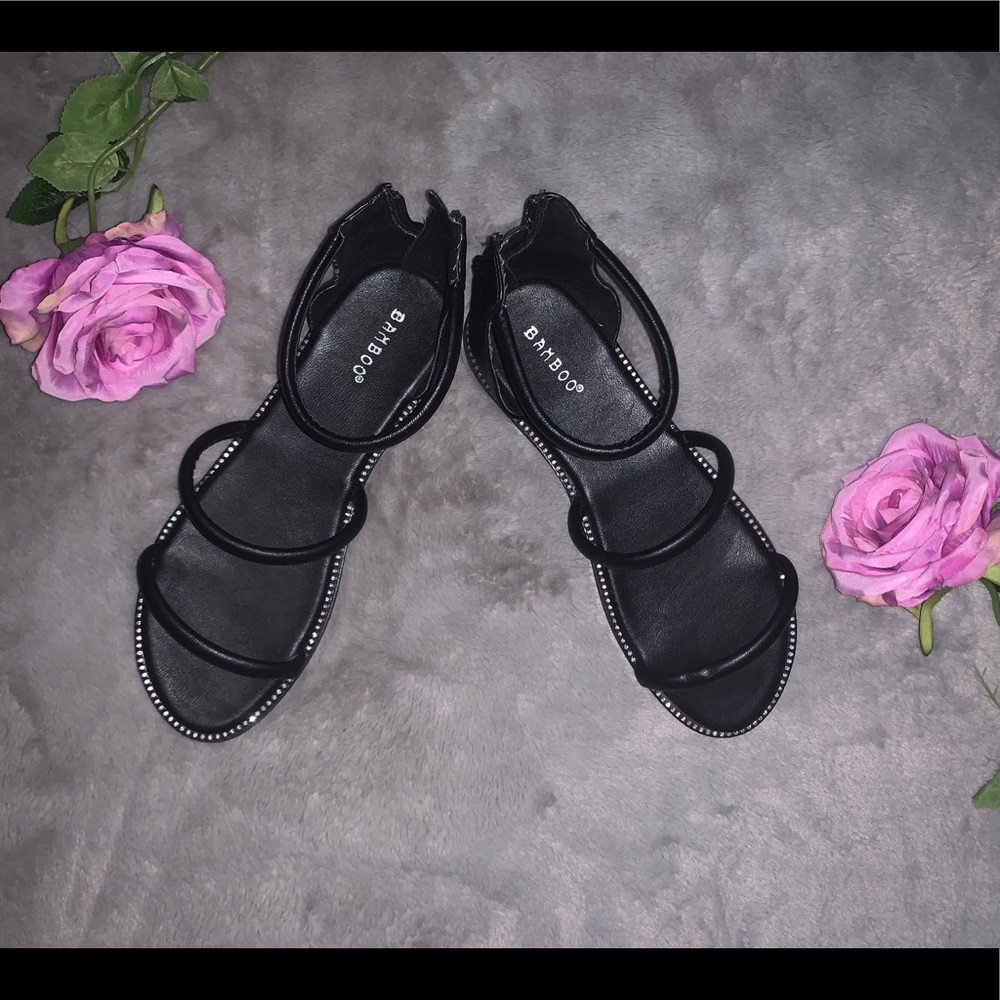 3 Strap flat sandal w/ rhinestone detail & zipper